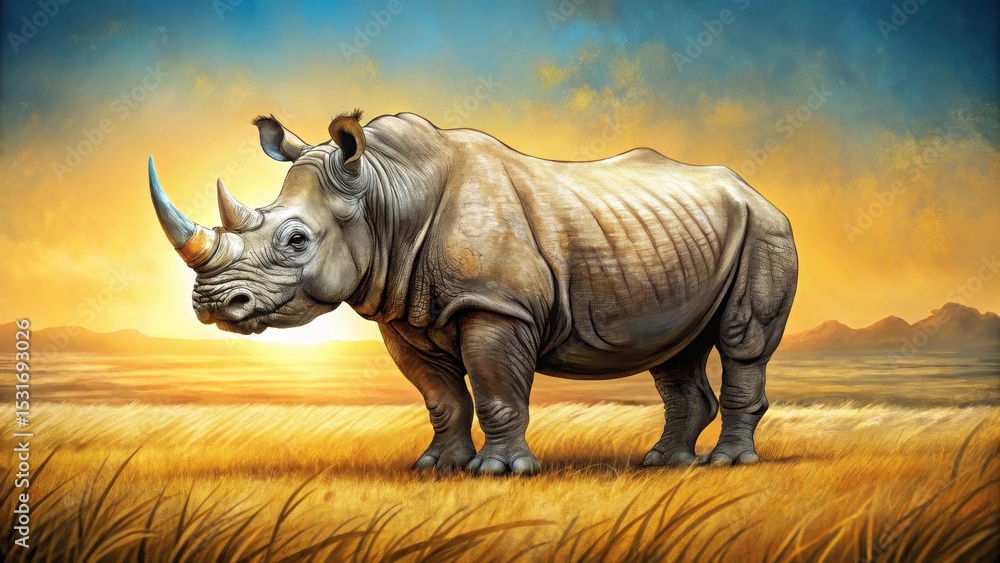 Fototapeta premium A Majestic Rhino Silhouetted Against a Vibrant Sunset in a Serene Grassland