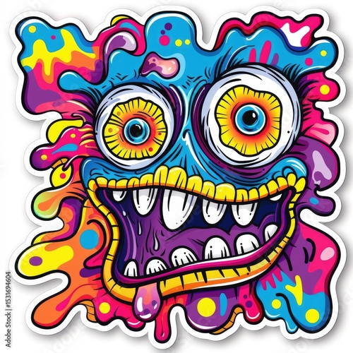 This sticker showcases a colorful, quirky monster with exaggerated facial features, perfect for adding a fun touch to personal items or creative projects. Its vibrant design captures attention