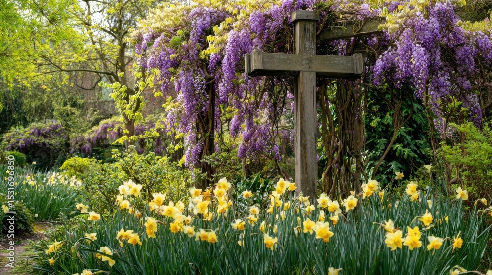 Naklejka premium A serene scene of a cross dd with purple wisteria, standing tall against a backdrop of vibrant yellow daffodils and verdant vines in a peaceful garden.