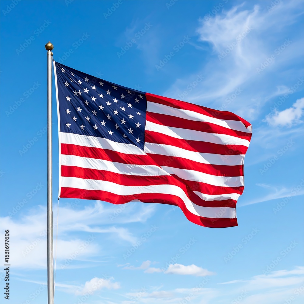 Obraz premium A vibrant American flag ripples against a bright blue sky with wispy clouds, evoking patriotism