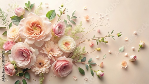 Delicate pastel roses and blossoms arranged artfully on a soft beige background, creating a serene and elegant floral composition perfect for springtime celebrations or romantic occasions.