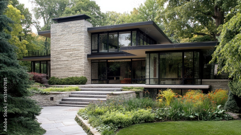 Fototapeta premium Modern home with stone facade, expansive windows, and landscaped yard