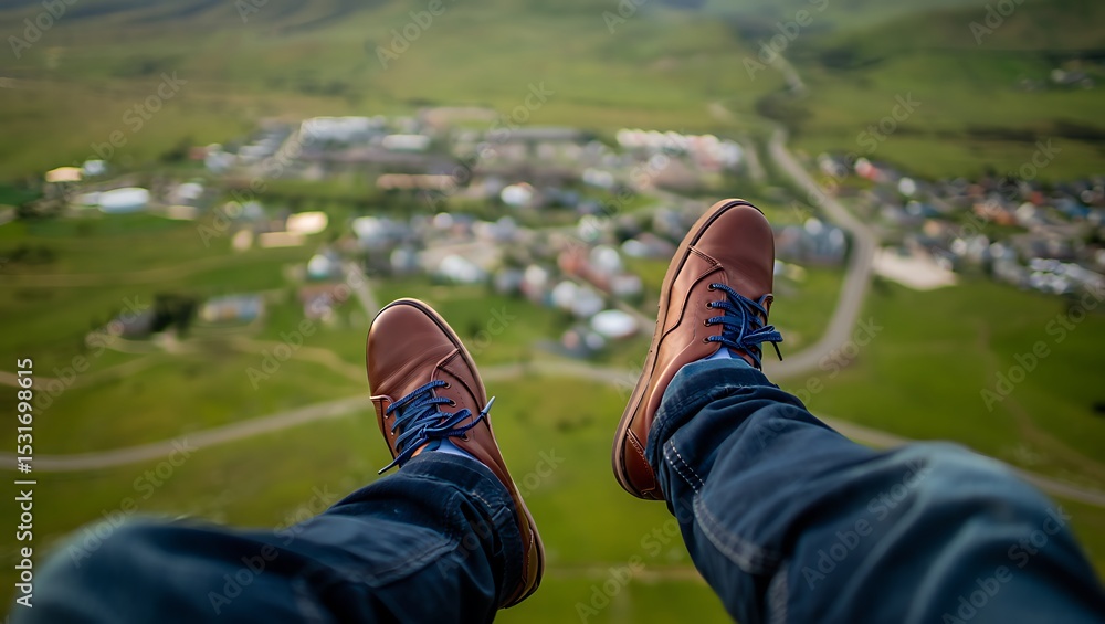 Fototapeta premium Brown shoes dangle above a sprawling green valley