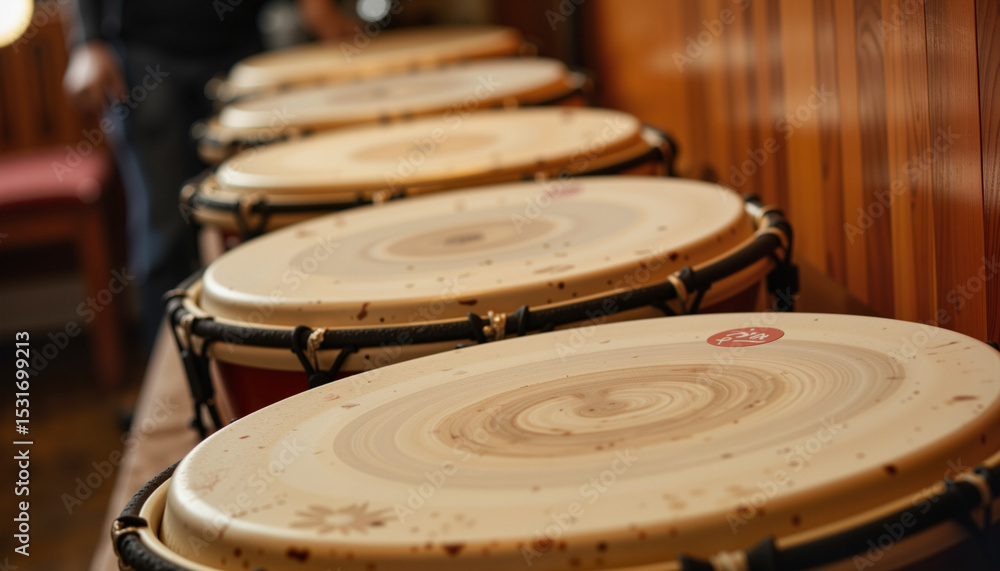 Obraz premium Bongo drums lined up on wooden table