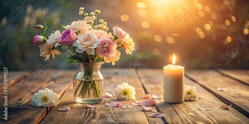 Serene Still Life A Delicate Bouquet of Pastel Flowers in a Glass Vase, Flanked by a Lit Candle and Scattered Petals on a Rustic Wooden Table