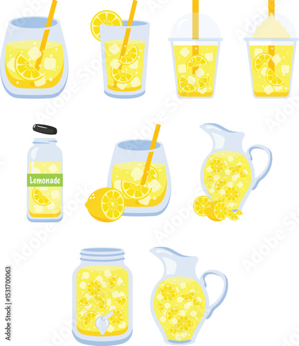 set of lemonade drinks and citrus lemon elements in a bottle, jar, cup, glass and pitcher collection design illustration 