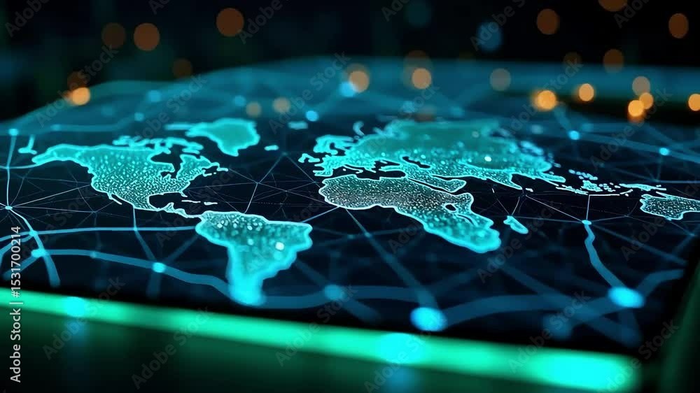 Illuminated world map with network connections on a dark surface with bokeh effect in the background Illuminated world map with network connections on a dark surface with bokeh effect in the background