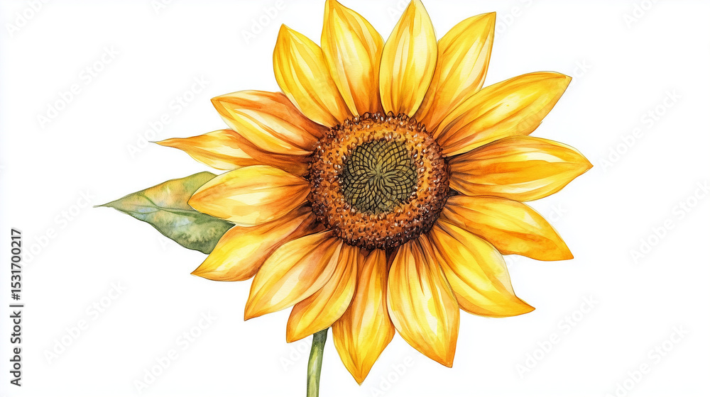 Obraz premium This hand drawing of a yellow sunflower, created as a watercolor botanical illustration, appears on an isolated white background, celebrating the beauty of a summer flower.