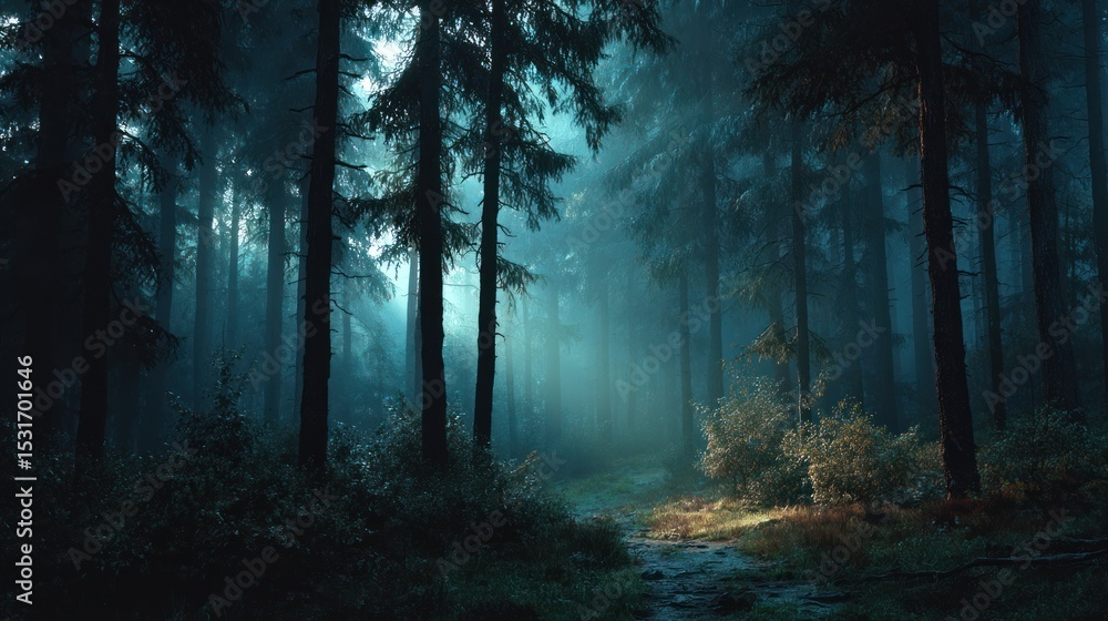 Fototapeta premium Ethereal light piercing through a dense and enchanting forest landscape