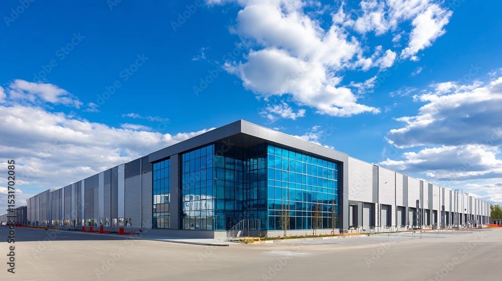 Obraz premium Modern Industrial Building with Glass Facade and Loading Docks