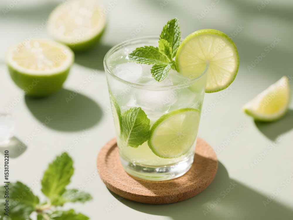 Classic Mojito with Lime and Mint on Wooden Coaster Classic Mojito with Lime and Mint on Wooden Coaster