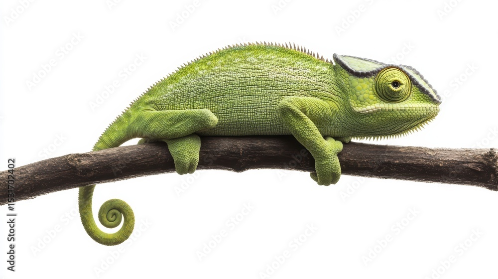 Fototapeta premium Green chameleon perched on a branch against a white background.