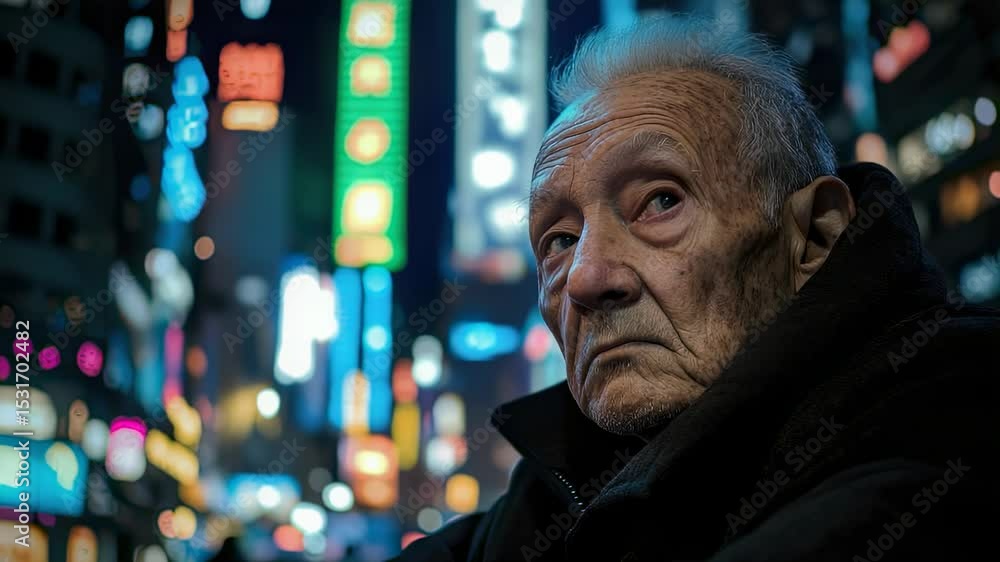 Portrait of an elderly man in a city at night with bright neon lights Portrait of an elderly man in a city at night with bright neon lights