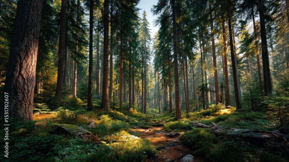 Fototapeta premium Enchanting Sunlight Filtering Through Towering Trees in a Majestic Forest Landscape