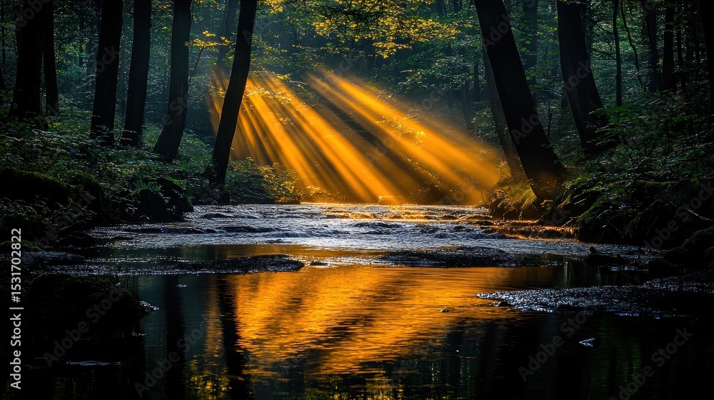 Obraz premium Sunlight streams through forest trees over a tranquil creek