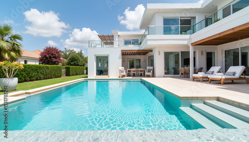 Modern villa with pool and sun loungers under blue sky