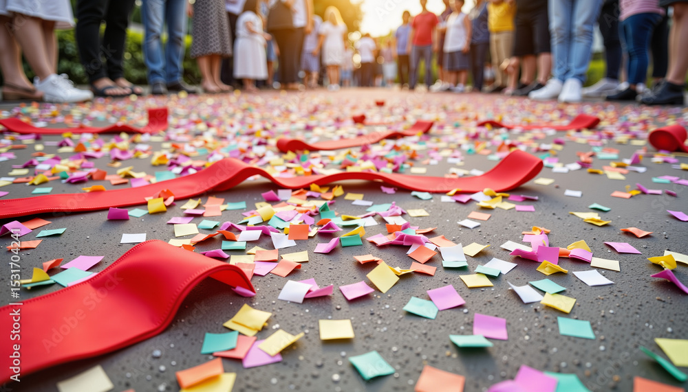 Fototapeta premium Colorful confetti and ribbons on ground during celebration