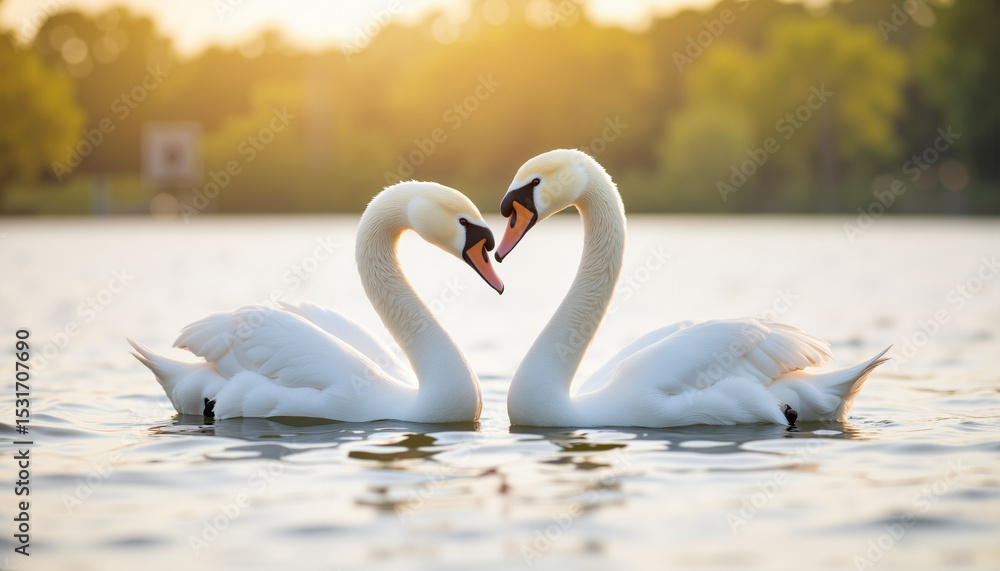 Obraz premium Swans in love forming a heart on a serene lake