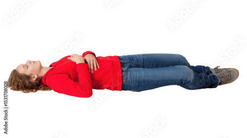 Casual dressed woman lying on the floor in recovery position on a transparent background, useful for safety and first aid training purposes