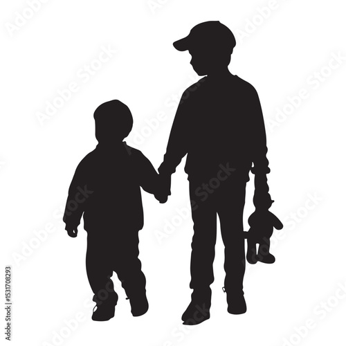 Silhouette of two kids holding hands walking together brotherly love childhood family black and white art