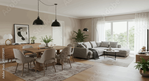 Stylish and bright open-plan living area with dining and lounge space for relaxation