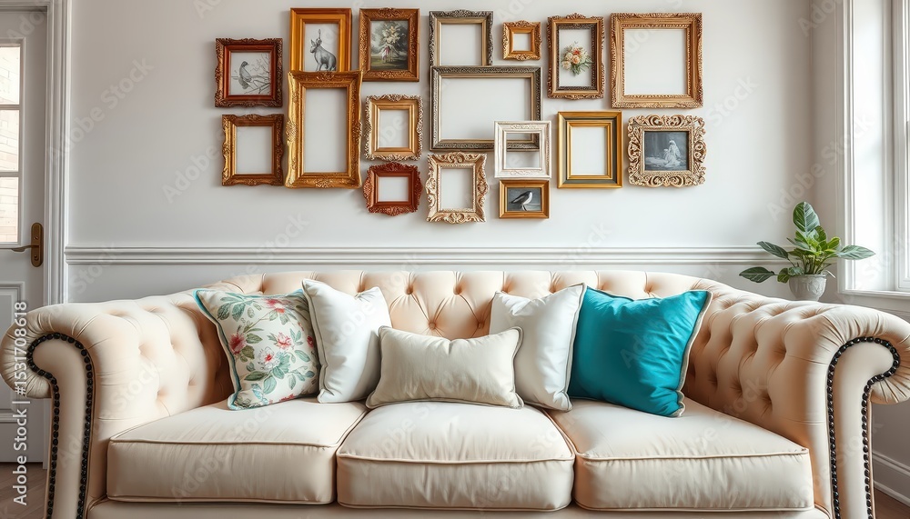 Fototapeta premium Interior shot of a living room featuring a cream-colored tufted sofa with floral