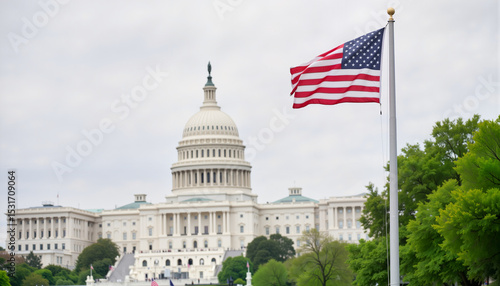 American flag waving in front of the Capitol building