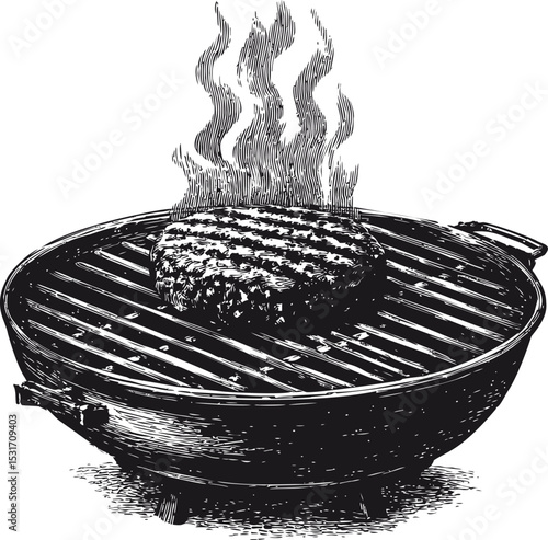 Grilled hamburger patty with smoke on charcoal barbecue, black and white sketch. Vector illustration