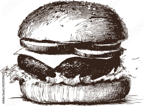 Sketch illustration of a classic burger with detailed shading in black and white. Vector illustration