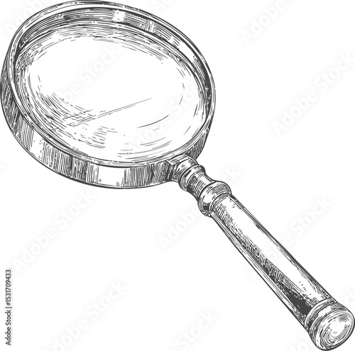 Detailed sketch of a vintage magnifying glass with wooden handle. Vector illustration