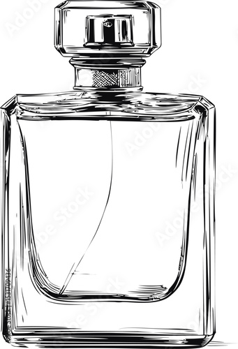 Elegant black and white sketch of a classic perfume bottle. Vector illustration