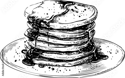 Stack of pancakes with syrup dripping on a plate, black and white. Vector illustration
