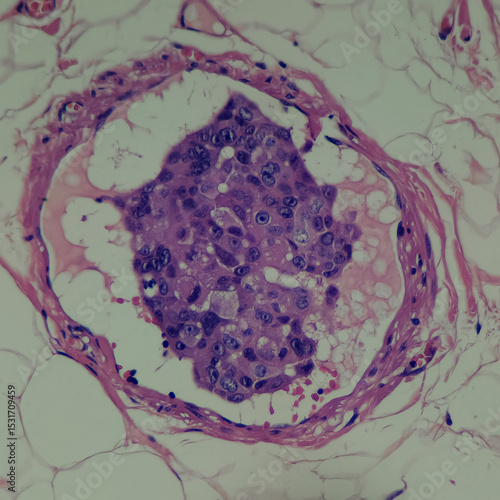 Camera photo of tumor (carcinoma) emboli in vascular channel, magnification 400x, photograph through a microscope