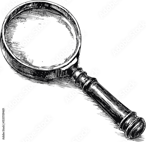 Black and white sketch of a vintage magnifying glass with wooden handle. Vector illustration