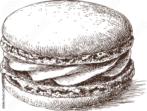 Detailed sketch of a macaron with filling in a vintage style. Vector illustration