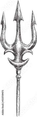 Vintage black and white trident sketch with intricate details. Vector illustration