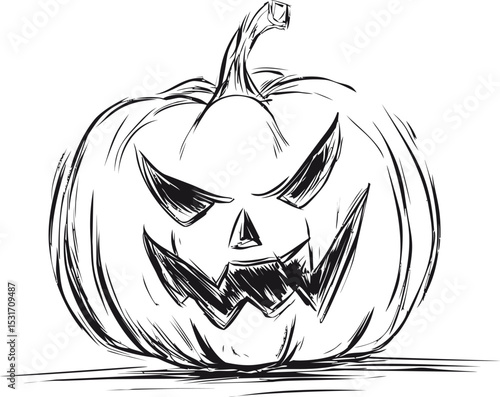 Black and white sketch of a carved halloween pumpkin with menacing face. Vector illustration