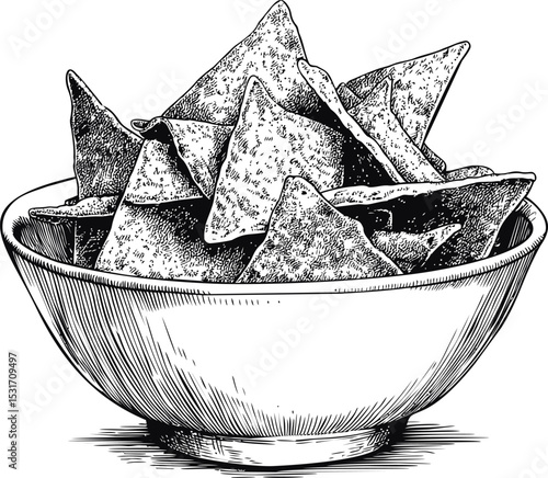 Illustration of tortilla chips in a bowl, detailed black and white sketch. Vector illustration