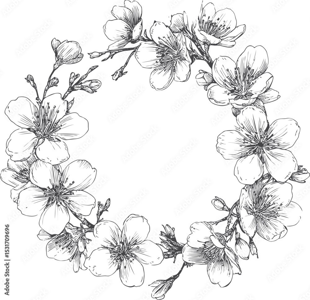Black and white cherry blossom wreath with intricate details. Vector illustration in sketch style Black and white cherry blossom wreath with intricate details. Vector illustration in sketch style