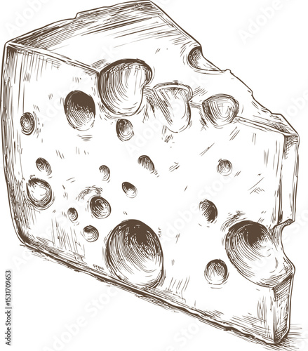 Detailed sketch of a cheese wedge with large holes, vintage line art. Vector illustration