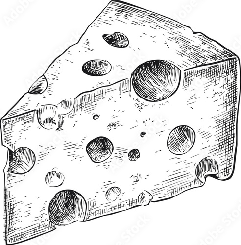 Hand-drawn illustration of a cheese wedge with holes, detailed sketch art. Vector illustration