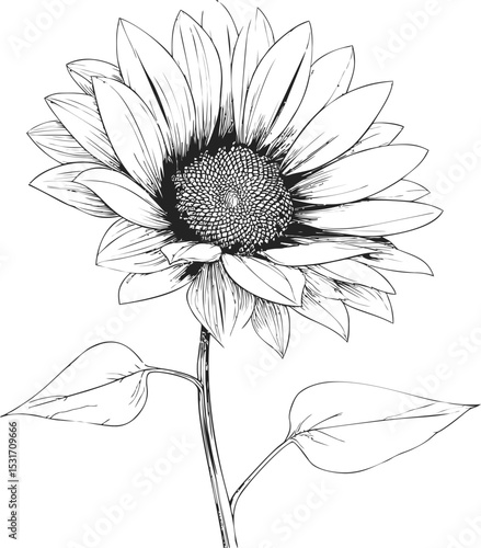 Black and white line drawing of a single sunflower with detailed petals, art sketch. Vector illustration