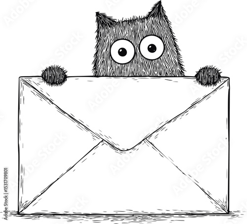 Furry cartoon creature peeking over a large envelope, monochrome sketch vector illustration