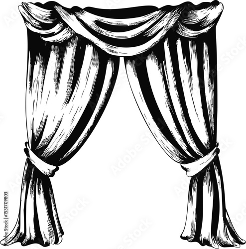 Elegant black and white theater curtain illustration with classic drapery style. Vector illustration