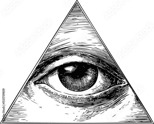 Eye in triangle black and white illustration, symbolizing the all-seeing eye. Vector illustration
