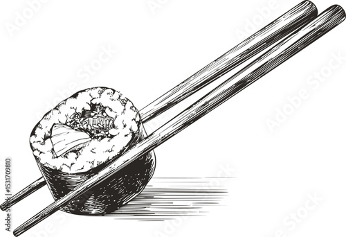 Sketch of sushi roll with chopsticks in black and white. Vector illustration