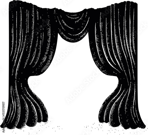 Black and white illustration of vintage theater curtains in sketch style. Vector illustration