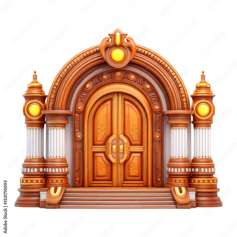 Obraz premium Ornate Wooden Entrance With Golden Accents And Architectural Details