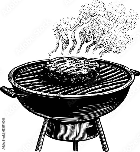 Vintage charcoal grill with sizzling burger patty and steam rising. Vector illustration in sketch style