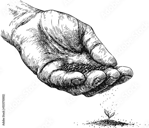 Hand sowing seeds above a small sprout in a black and white. Vector illustration in sketch style
